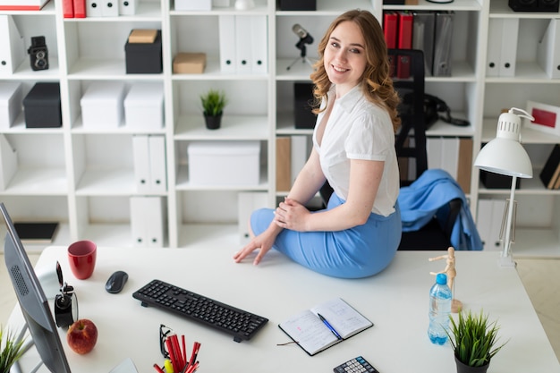 Hermosa joven sentada en el escritorio en la oficina.