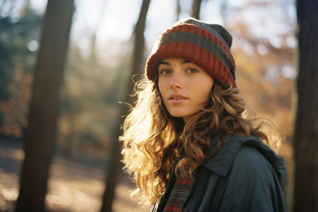 una hermosa joven con sombrero y abrigo en el bosque