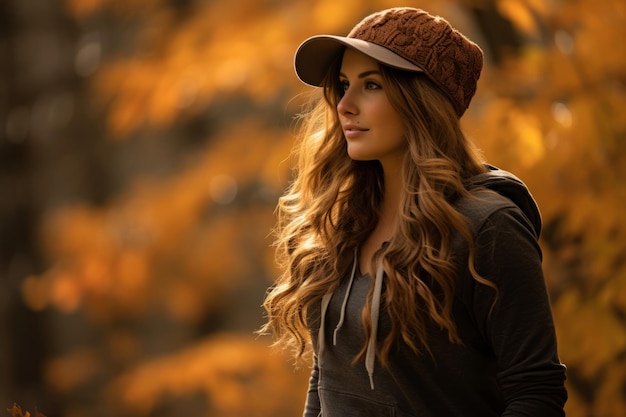 Una hermosa joven con sombrero en otoño