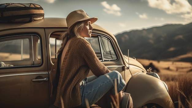 Hermosa joven con sombrero y suéter sentada en el capó de un auto retro y mirando las montañasgenerativas ai