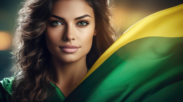 Una hermosa joven sonriendo abrazando una bandera brasileña en el Día de la Independencia de Brasil