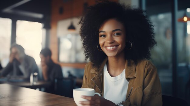 Una hermosa joven sonriendo sosteniendo una taza bebiendo café en una cafetería