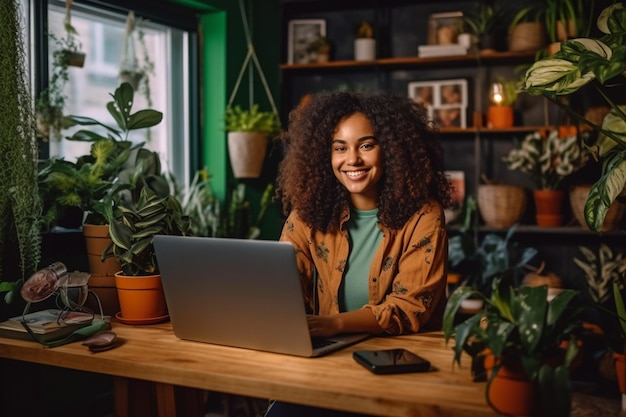 Hermosa joven sonriente con el pelo rizado trabajando en una laptop y bebiendo café sentado en el café AI generativa