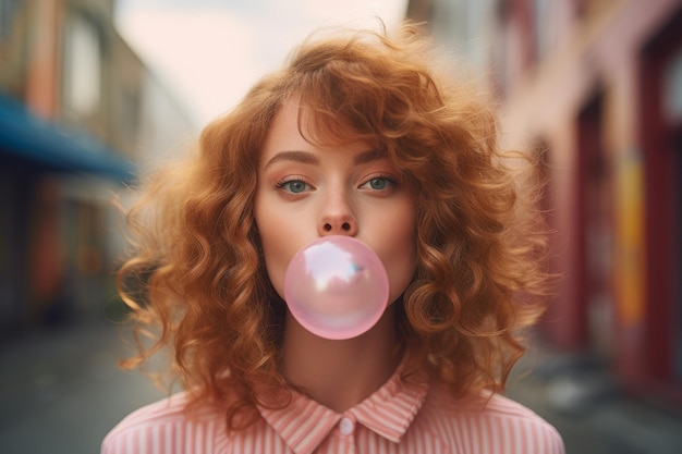 Hermosa joven soplando chicle calle al aire libre caminando por la ciudad Generar Ai