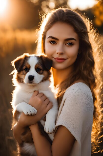 hermosa joven sosteniendo un cachorro