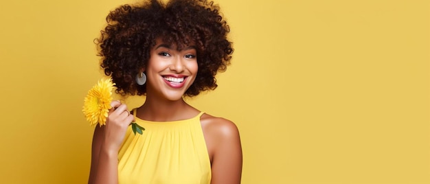 Foto una hermosa joven sosteniendo una flor amarilla