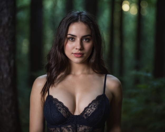 Una hermosa joven con sujetador negro y bragas en el bosque