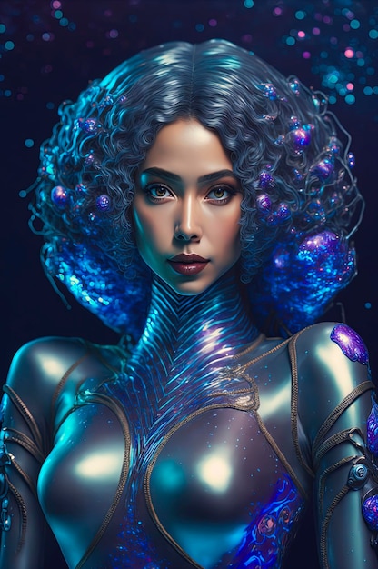 Hermosa joven supermodelo Diosa sirena cyborg con intrincado retrato futurista