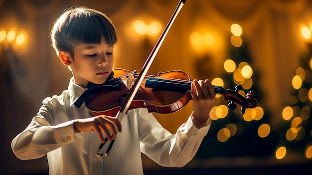 Una hermosa joven tocando el violín con gran intensidad