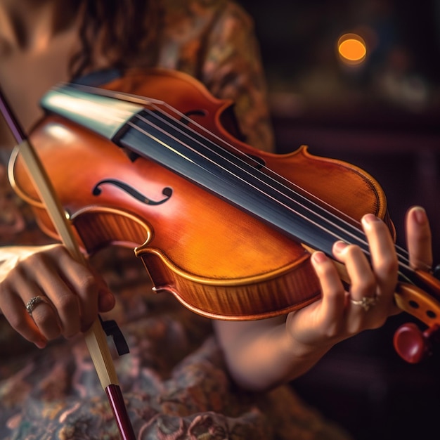 Foto una hermosa joven tocando el violín con gran intensidad