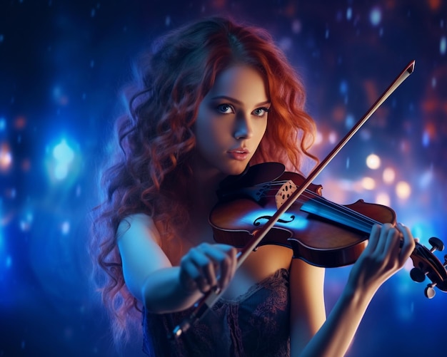 Una hermosa joven tocando el violín con gran intensidad