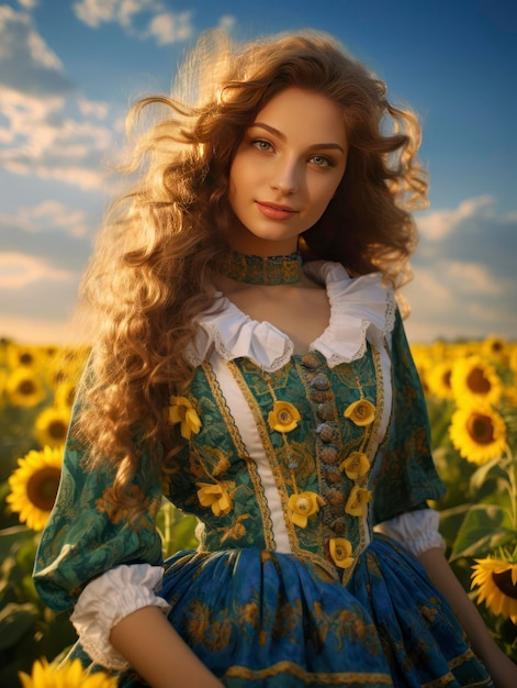 Hermosa joven ucraniana con traje nacional en medio de un campo de girasoles