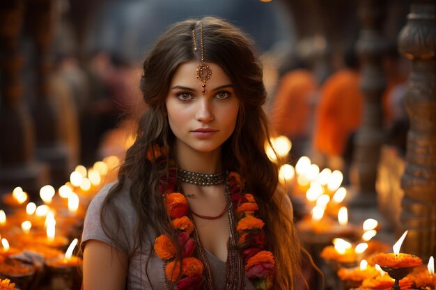 Una hermosa joven vestida de indio rodeada de velas.