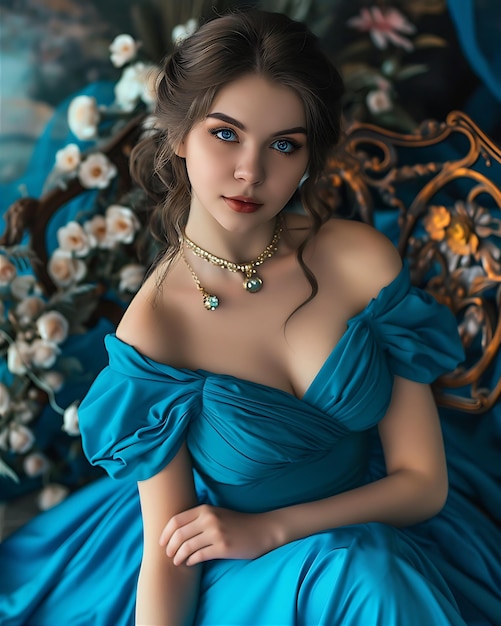 Una hermosa joven con un vestido azul posando