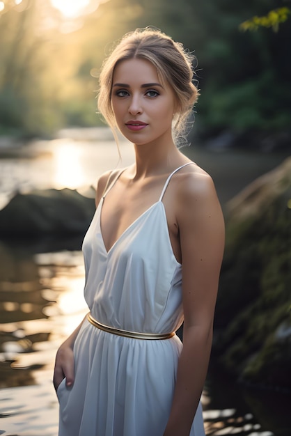 Una hermosa joven con un vestido blanco de verano caminando junto al agua al atardecer