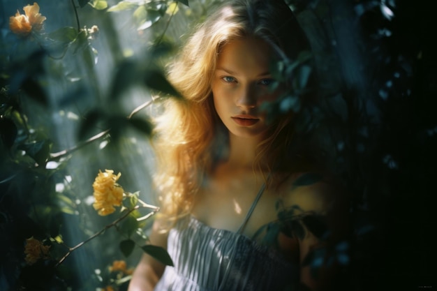 una hermosa joven en un vestido está rodeada de flores amarillas