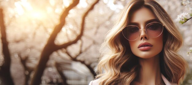 Hermosa joven con un vestido y gafas de sol en un jardín floreciente