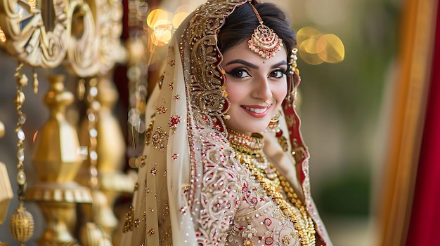 Una hermosa joven con un vestido de novia indio tradicional sonríe tímidamente a la cámara