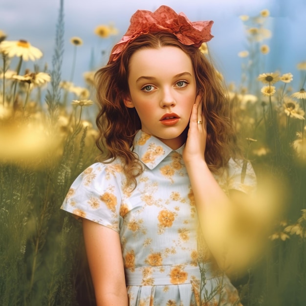 Hermosa joven en vestido retro flores AI generativa