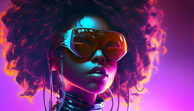 Una hermosa jugadora afroamericana futurista con gafas y auriculares de realidad aumentada futurista IA generativa