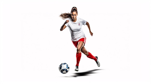 Hermosa jugadora de fútbol pateando la pelota con el talón aislado sobre fondo blanco Concepto de fútbol de mujer
