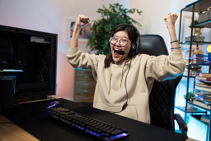 Hermosa jugadora profesional que transmite videojuegos en línea ganando levanta las manos