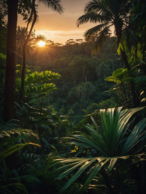 Foto hermosa jungla con puesta de sol