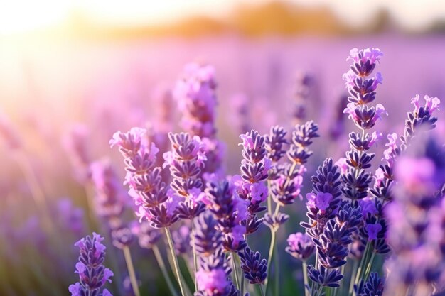 La hermosa lavanda en flor crece en el campo de primer plano Espacio para el texto