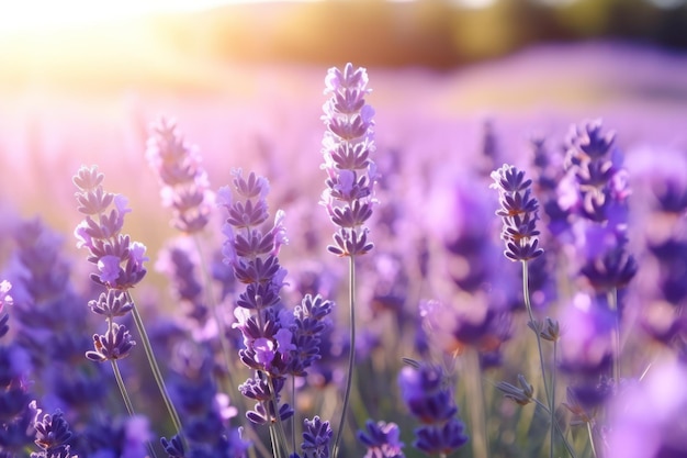 La hermosa lavanda en flor crece en el campo de primer plano Espacio para el texto