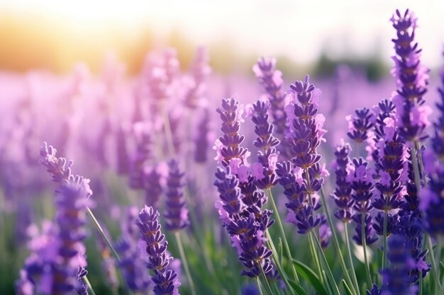 Hermosa lavanda en flor que crece en el campo de cerca Espacio para el texto