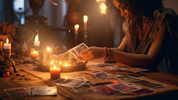 Foto una hermosa lectora de tarot o adivino leyendo y pronosticando el concepto de tarjeta gitana generative ai