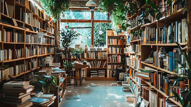 Foto una hermosa librería con una gran selección de libros la tienda está bien iluminada y tiene un ambiente acogedor y acogedor