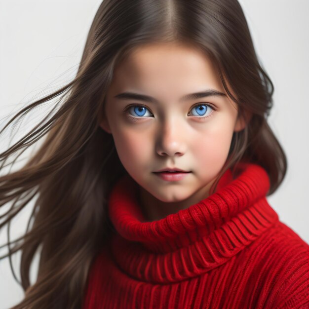 Hermosa linda chica de cabello largo con suéter rojo AI Generar