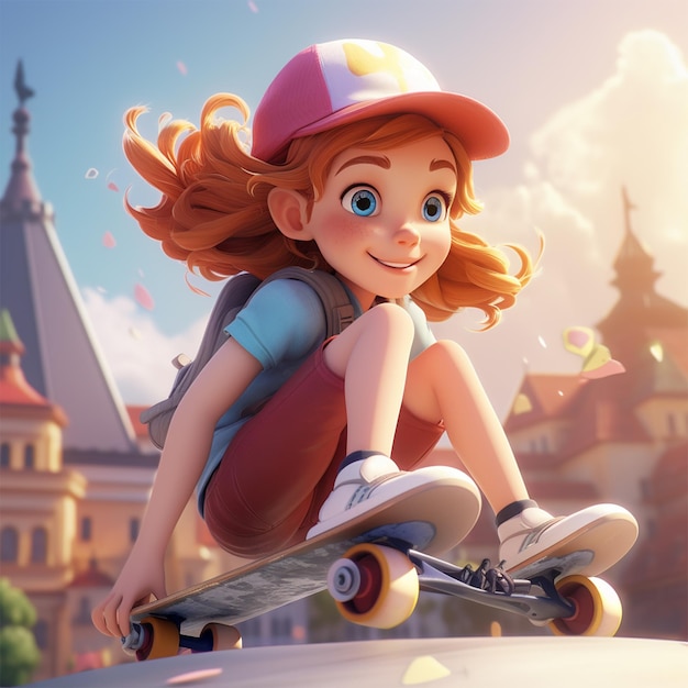 hermosa linda chica de dibujos animados montando una patineta