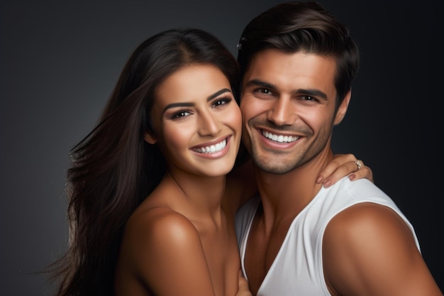 Hermosa linda pareja latina con hermosa sonrisa anuncio de dientes blancos para producir una sonrisa perfecta