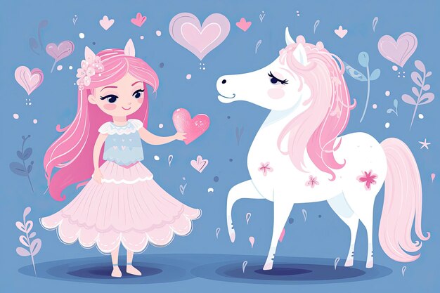 Hermosa linda princesita con unicornio Ilustración acuarela