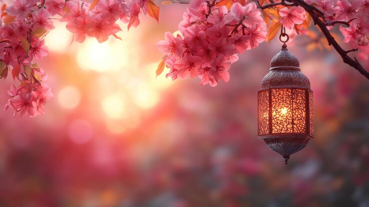 Una hermosa linterna cuelga en medio de los cerezos en flor al atardecer una luz suave ilumina la escena creando una atmósfera serena y romántica