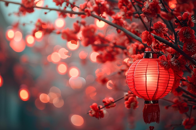 Hermosa linterna roja colgando del árbol con flor roja