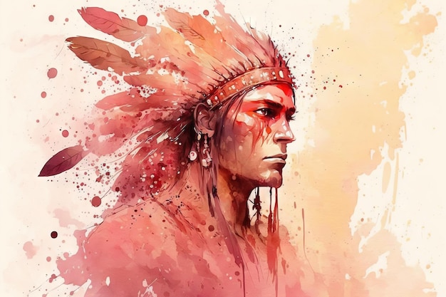 Hermosa luz roja casta tribal hombre rey pintura acuarela