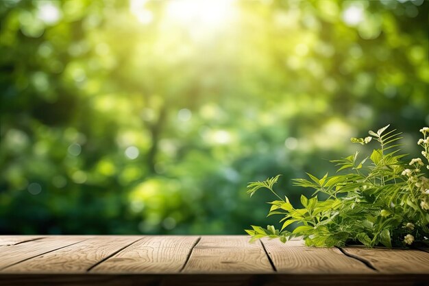 Hermosa luz del sol borrosa fondo de jardín de naturaleza verde y mesa de madera IA generativa