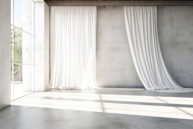 Hermosa luz del sol que sopla una cortina opaca blanca desde la ventana abierta en la habitación en blanco