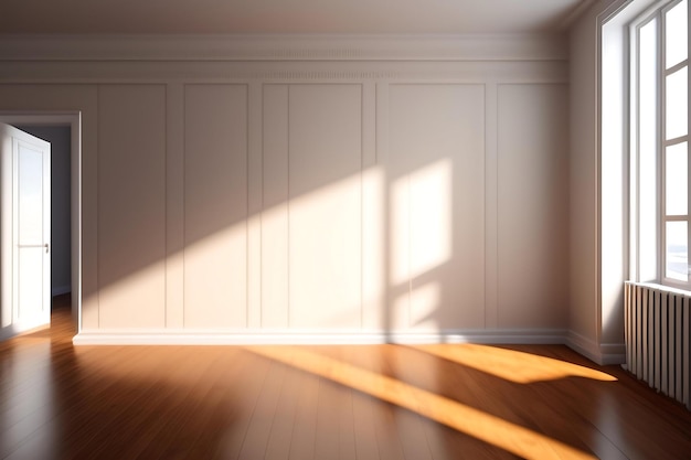 Hermosa luz del sol soplando una cortina transparente blanca desde una ventana abierta en el suelo de la pared marrón beige en blanco w