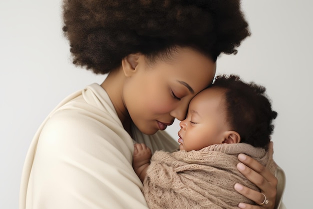 hermosa madre afroamericana sosteniendo a un bebé recién nacido aislado en blanco