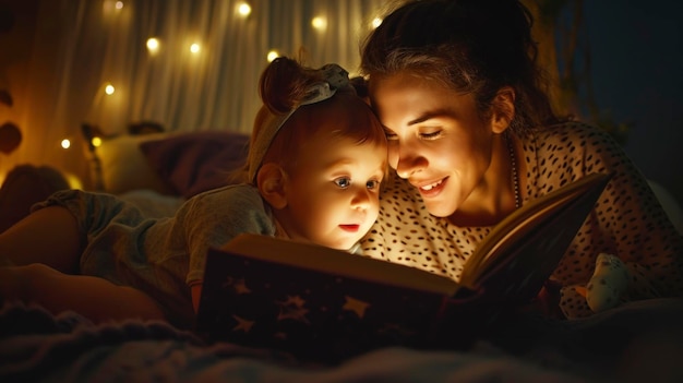 hermosa madre contando una historia a una niña dormida en una habitación por la noche
