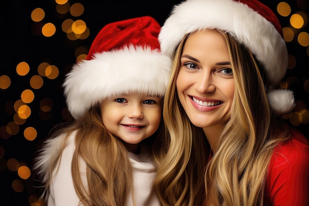 Hermosa madre e hija celebrando el ambiente navideño de Año Nuevo