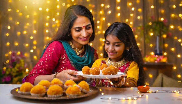 Una hermosa madre e hija recogiendo un laddoo del plato y sonriendo con la decoración de Diwali