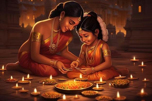 Hermosa madre e hija en sari relámpago diya en la ilustración de la noche de Diwali