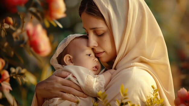Foto una hermosa madre joven con un pañuelo de color crema sostiene a su bebé cerca el bebé lleva un vestido blanco con un patrón floral
