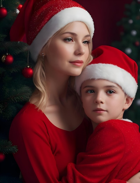 Foto hermosa madre joven y su hijo en ropas rojas cerca del árbol de navidad regenerado con ai