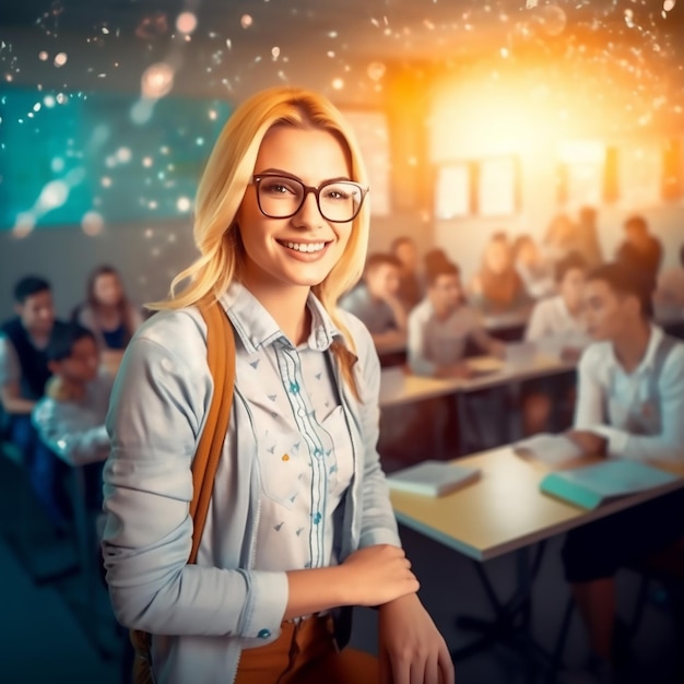 Hermosa maestra sonriendo a la cámara desde el frente del aula de la escuela secundaria